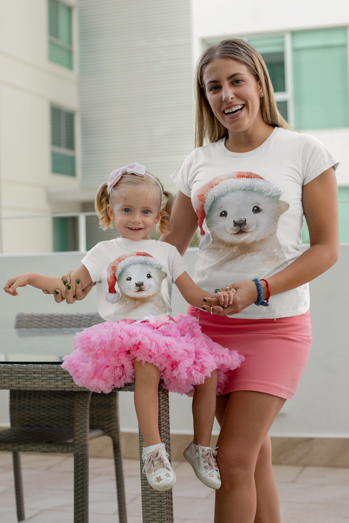 Polar Bear in a Santa Hat Mommy & Me Matching Christmas Shirt – Mom Adult Tee