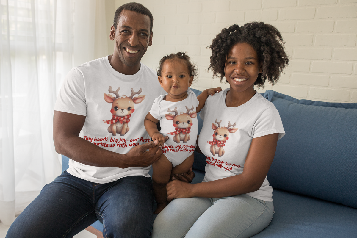 Tiny Hands Big Joy Baby Reindeer Mom, Dad & Baby Matching Christmas Shirt – Parent Adult Tee
