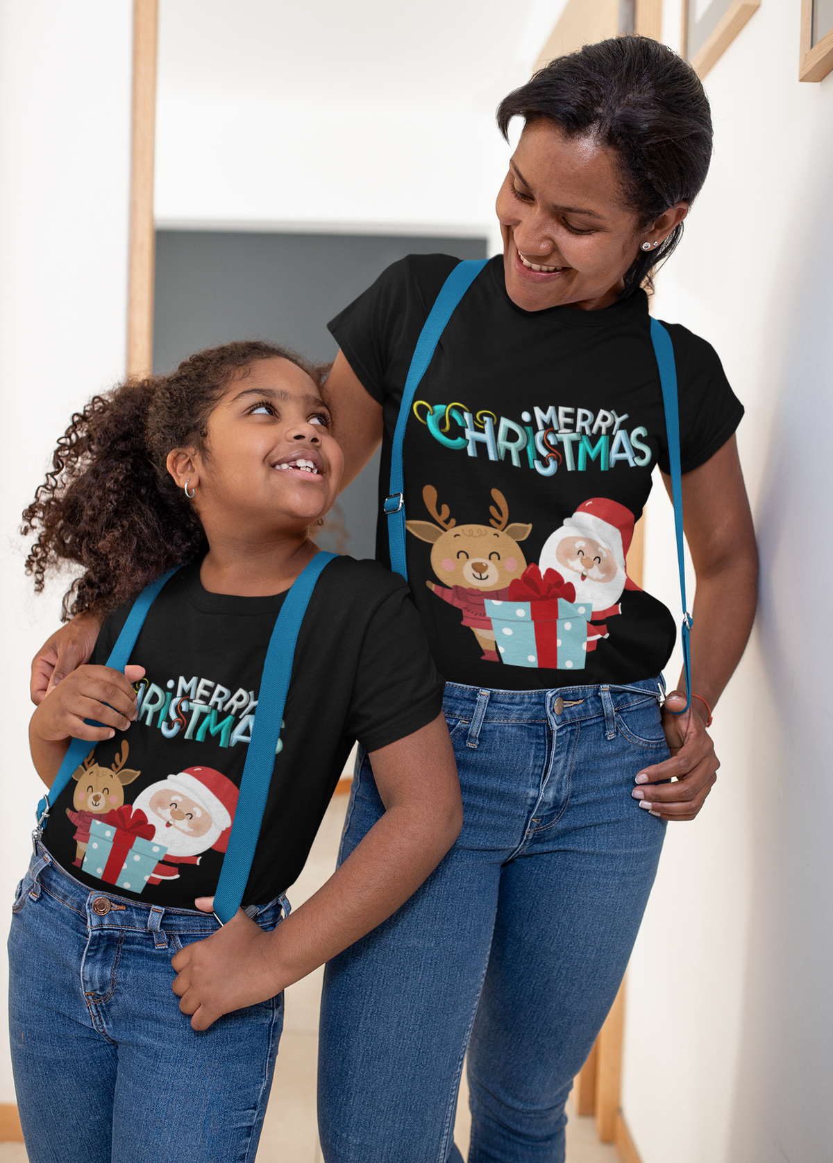 Santa & Reindeer Merry Christmas Mommy & Me Matching Christmas Shirt – Mom Adult Tee