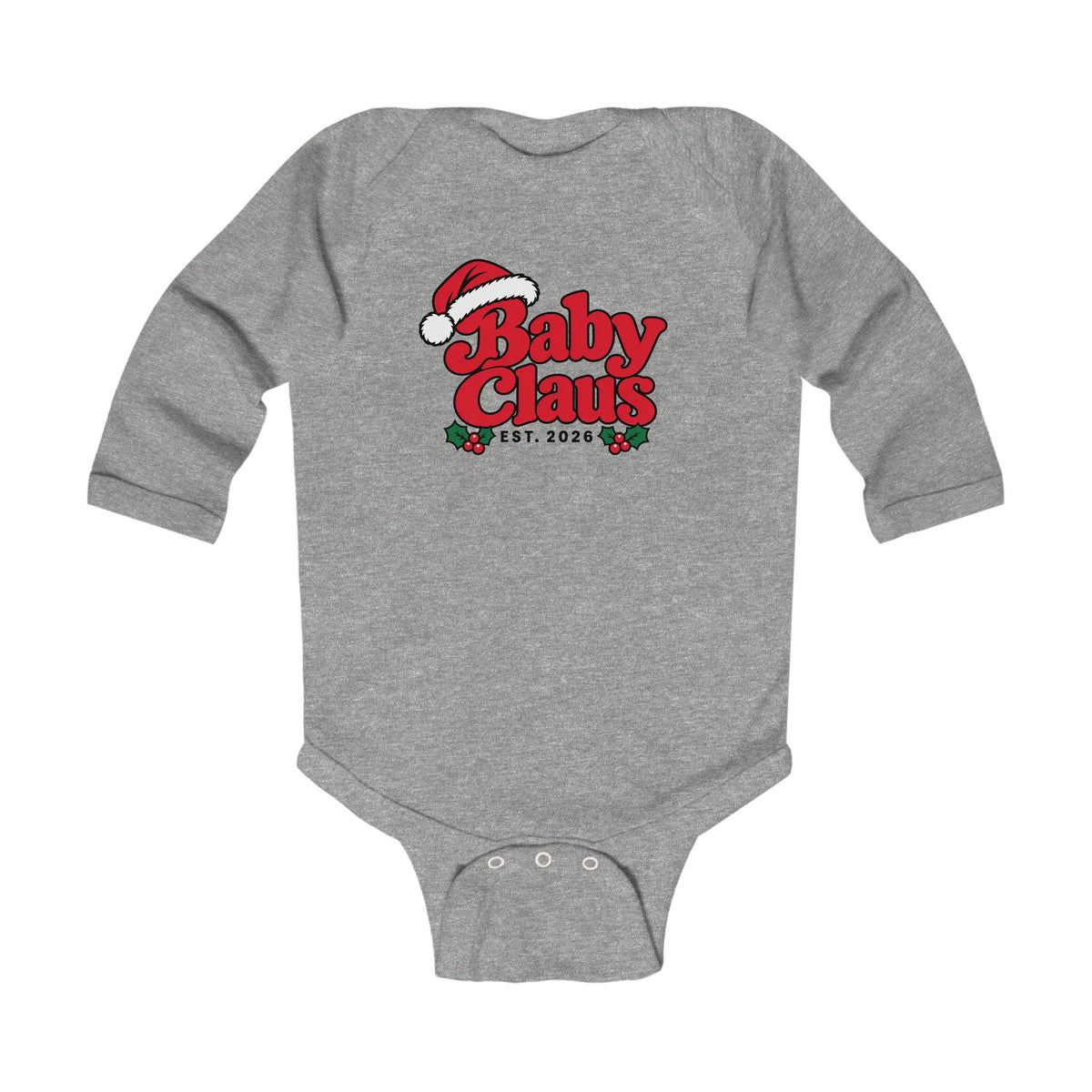 Baby Claus Christmas Bodysuit – Heather Grey, front view