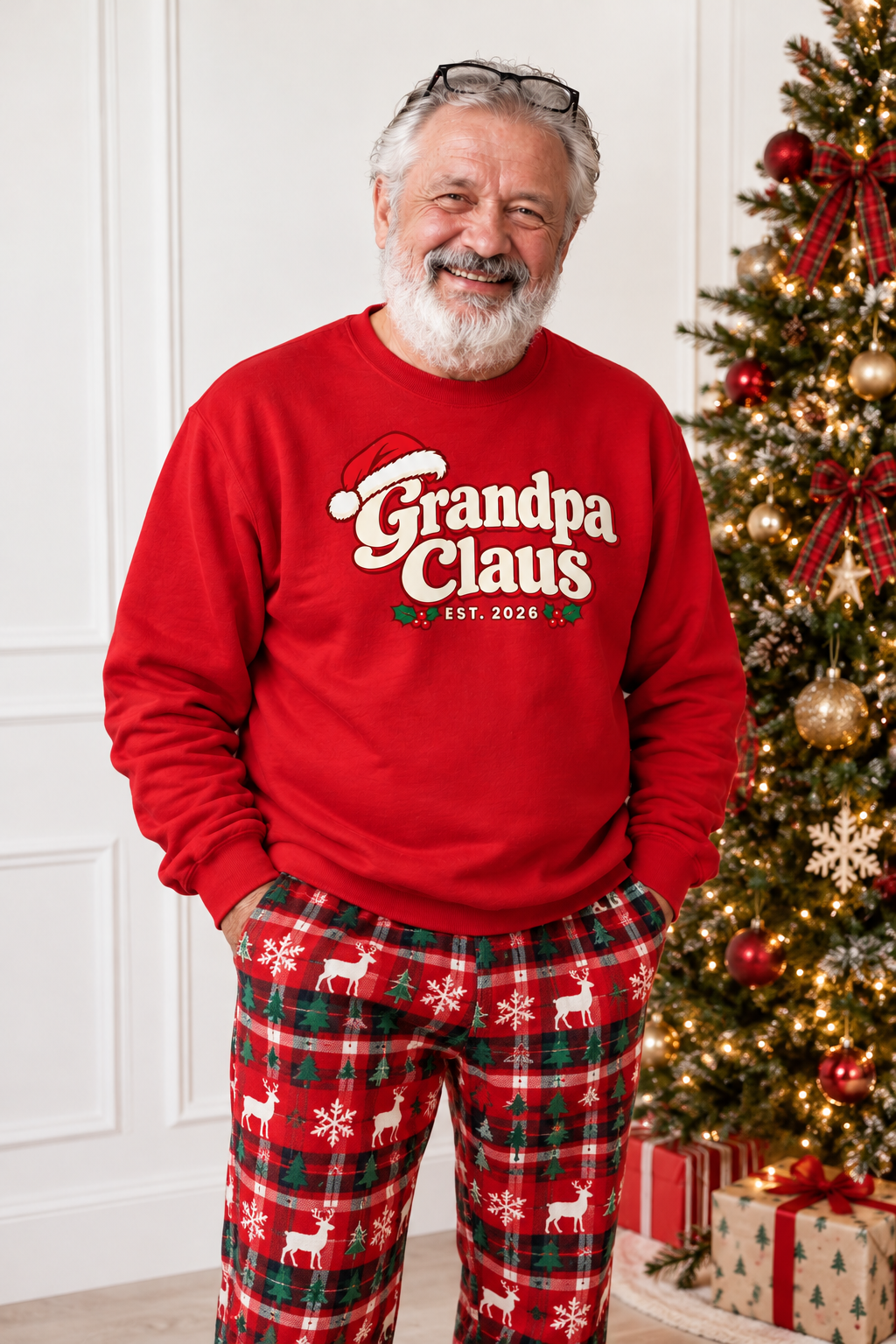 Grandpa Claus Christmas sweatshirt worn by grandfather at Christmas