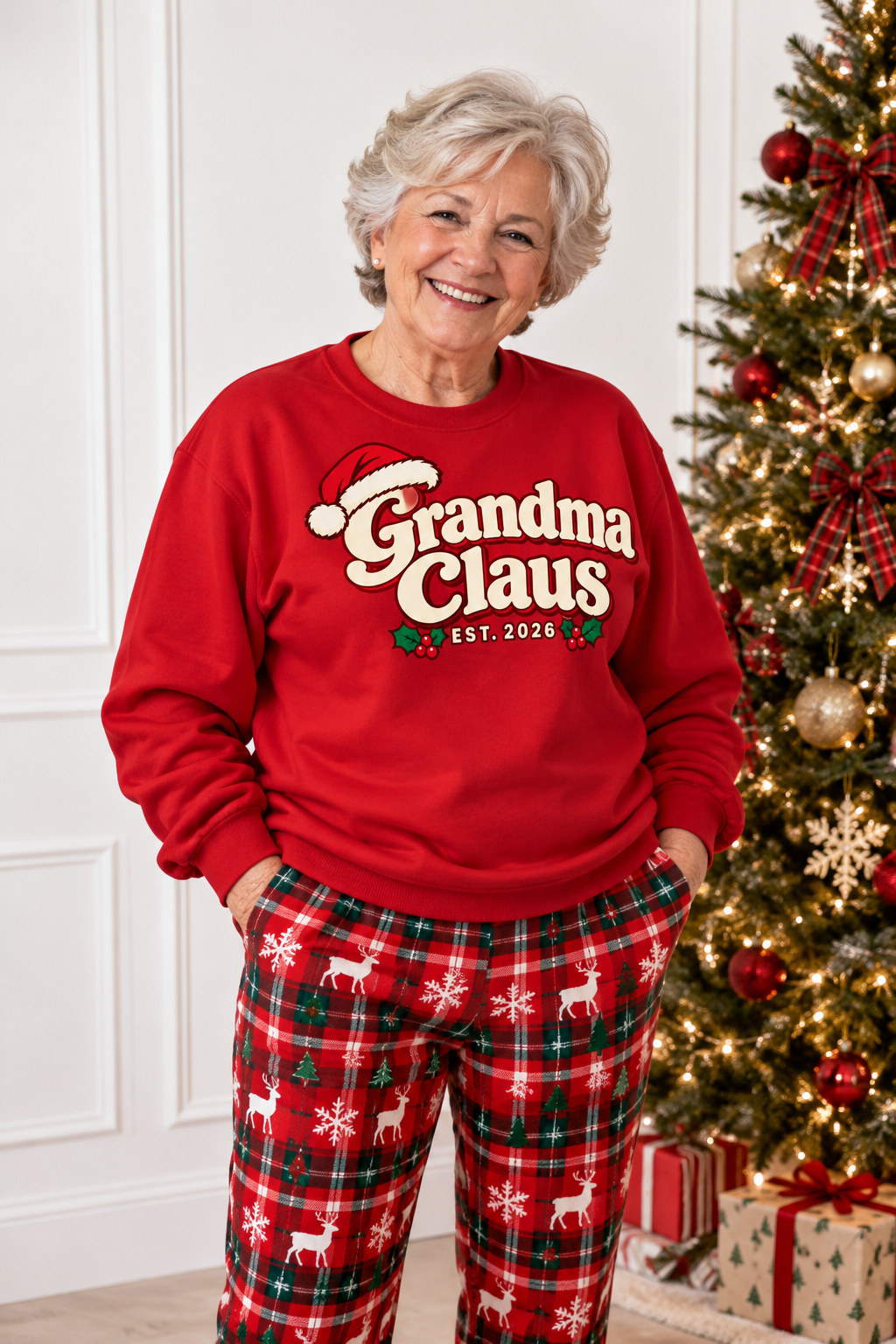 Grandma Claus Christmas sweatshirt worn by grandmother at Christmas