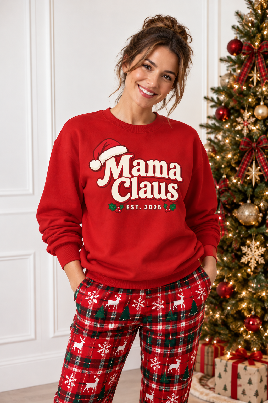 Mama Claus Christmas sweatshirt worn by mom at Christmas