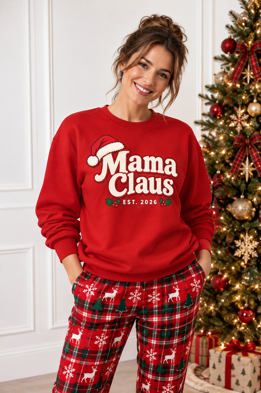 Mama Claus Christmas sweatshirt worn by mom at Christmas