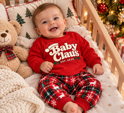 Baby Claus Christmas bodysuit worn by baby at Christmas