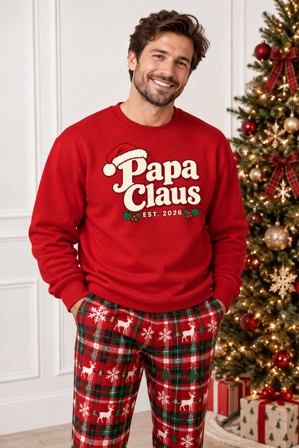 Papa Claus Christmas sweatshirt worn by dad at Christmas