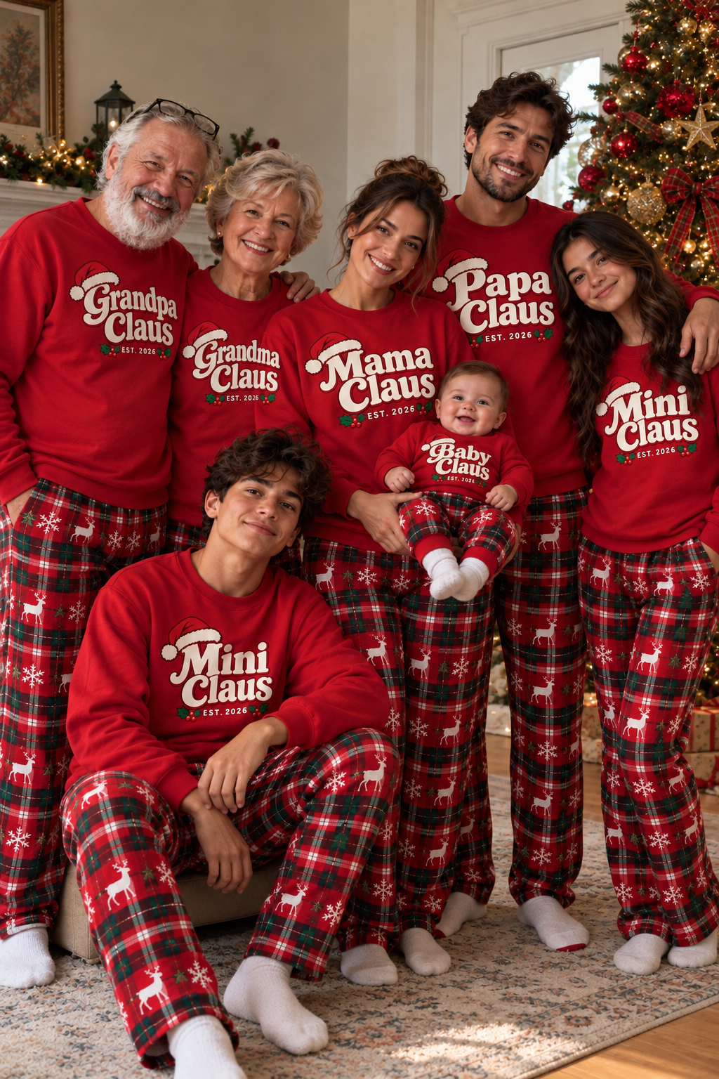 Claus Family matching Christmas sweatshirts – Grandpa, Grandma, Papa, Mama, kids and baby together