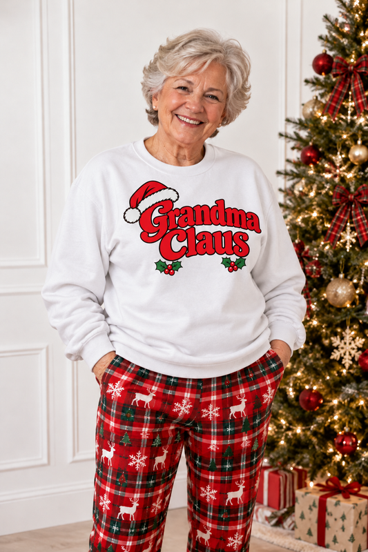 Grandma Claus white Christmas sweatshirt worn by grandmother at Christmas