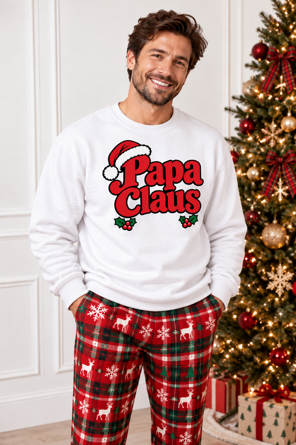 Papa Claus white Christmas sweatshirt worn by dad at Christmas