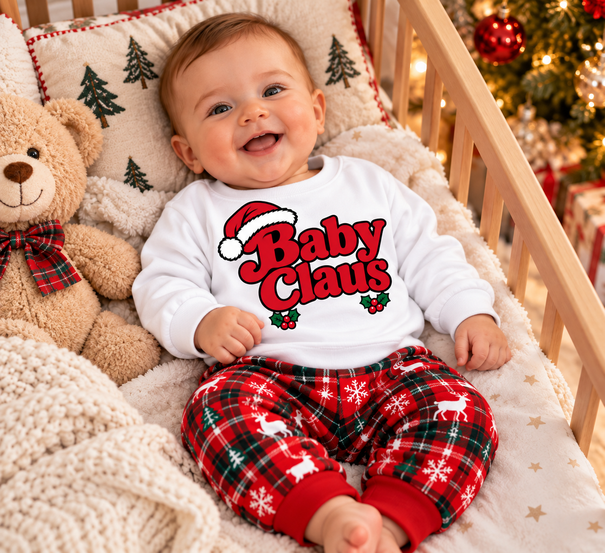 Baby Claus white Christmas bodysuit worn by baby at Christmas