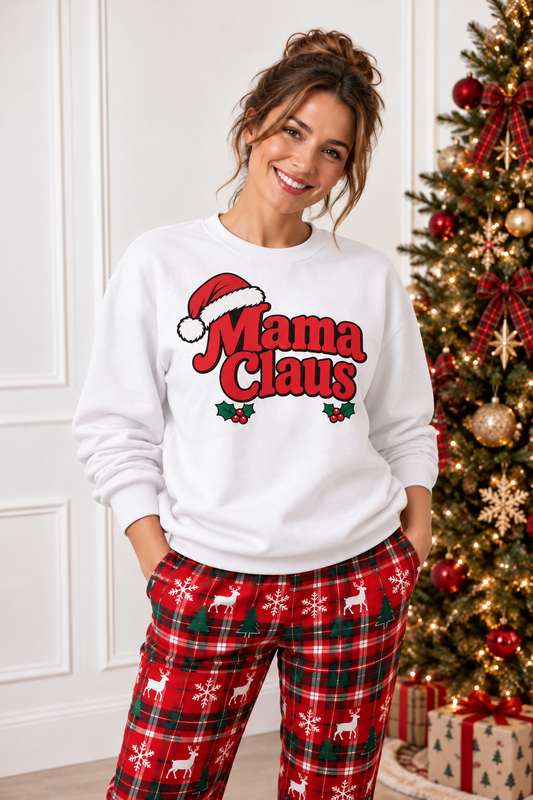 Mama Claus white Christmas sweatshirt worn by mom at Christmas