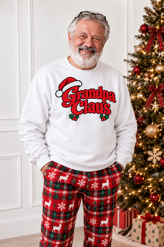 Grandpa Claus white Christmas sweatshirt worn by grandfather at Christmas