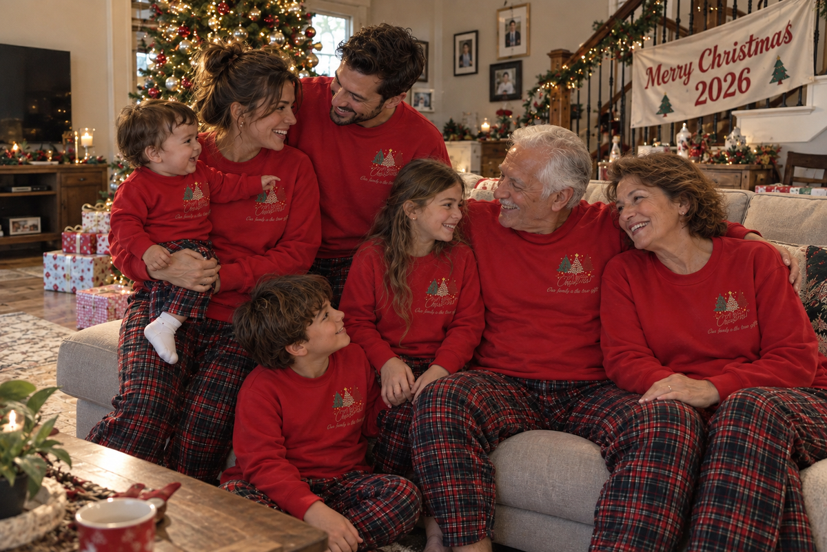 Family wearing matching embroidered Christmas trees sweatshirts – Our Bond Is the True Gift