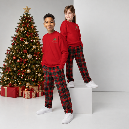 Kid wearing embroidered Christmas trees matching family sweatshirt
