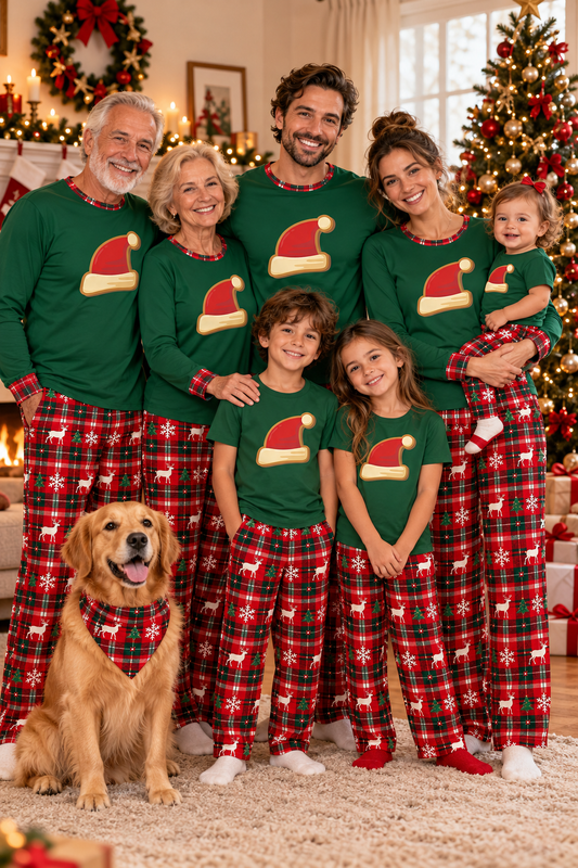 Family wearing matching Claus Plaid Santa Hat Christmas pajamas by the Christmas tree