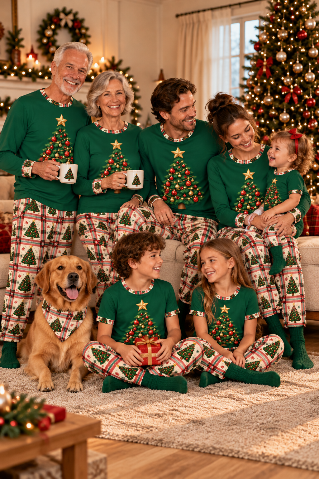 Family and their dog wearing Evergreen Tree Plaid matching Christmas pajamas by the tree