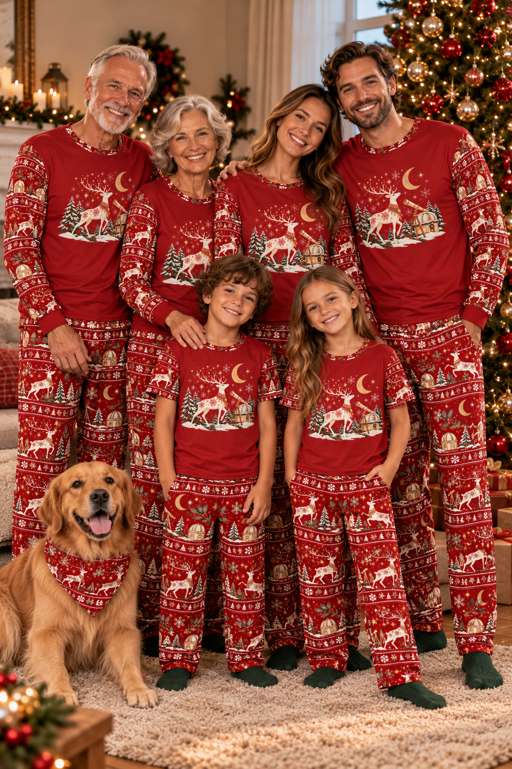 Family wearing Stargazer Reindeer matching Christmas pajamas