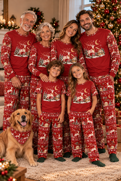 Family wearing Stargazer Reindeer matching Christmas pajamas