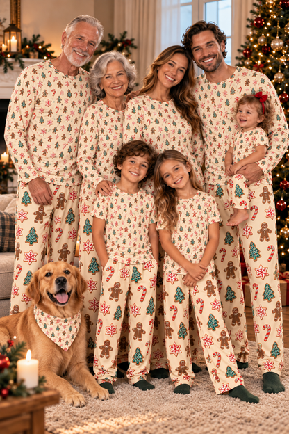 Family wearing Gingerbread Cookie matching Christmas pajamas