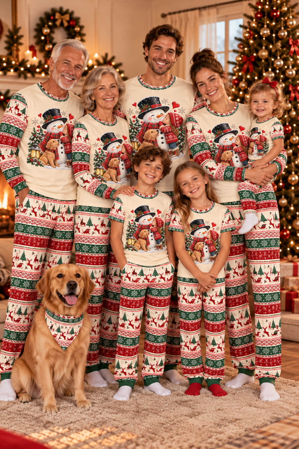Family wearing Snowman Kisses matching Christmas pajamas