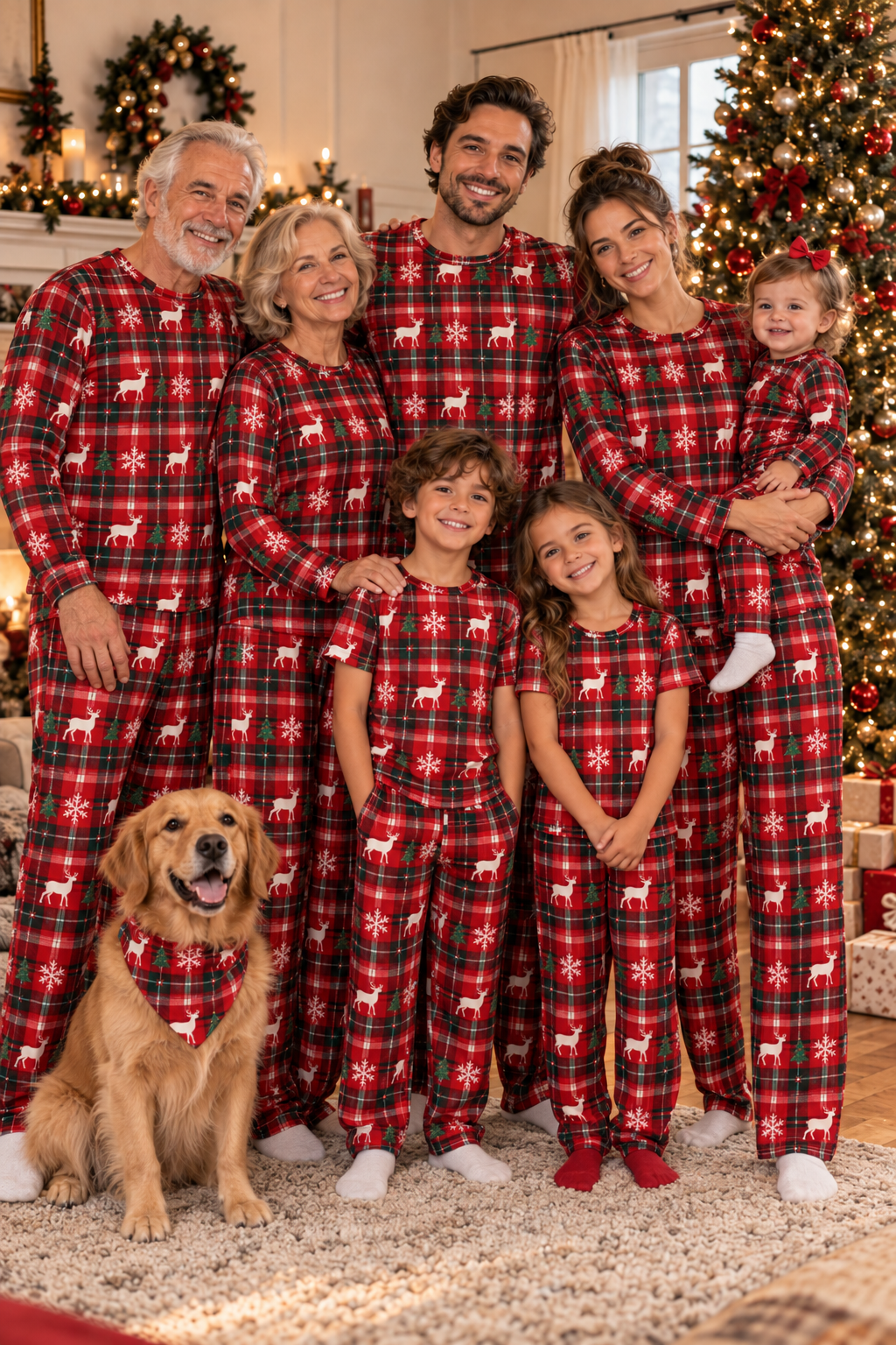 Reindeer Plaid matching family Christmas pajama set – red and green plaid with white reindeer, snowflakes and Christmas trees