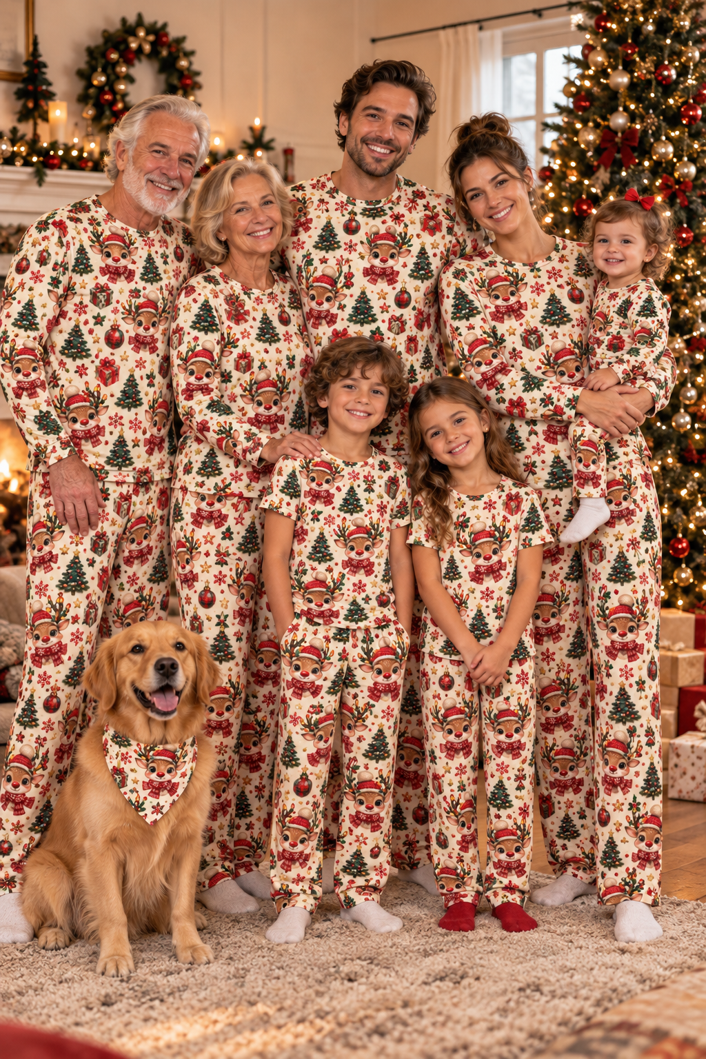 Family of seven and their dog wearing Cozy Cream Reindeer matching Christmas pajamas by the tree