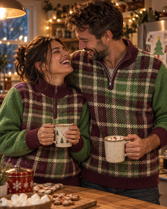 Evergreen Tartan Plaid Knitted Christmas Quarter Zip Sweater
