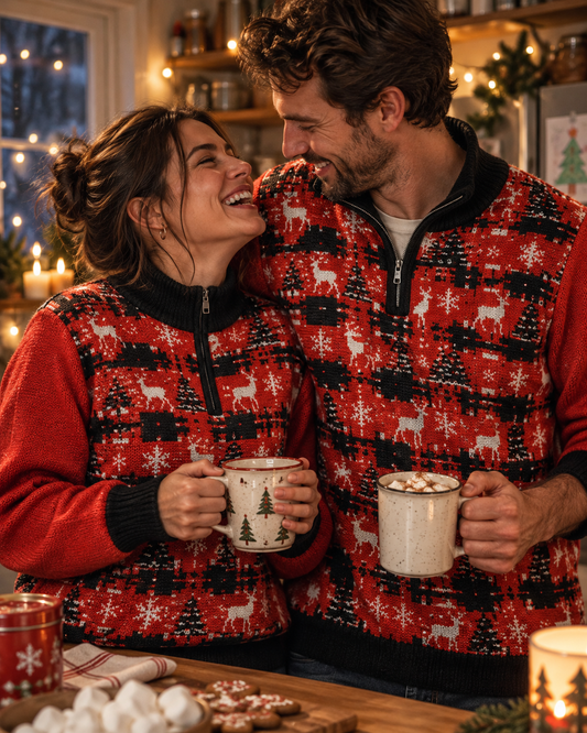Red & Black Buffalo Plaid Knitted Christmas Quarter Zip Sweater