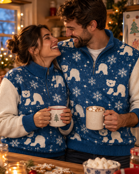 Polar Bear Snowflake Knitted Christmas Quarter Zip Sweater
