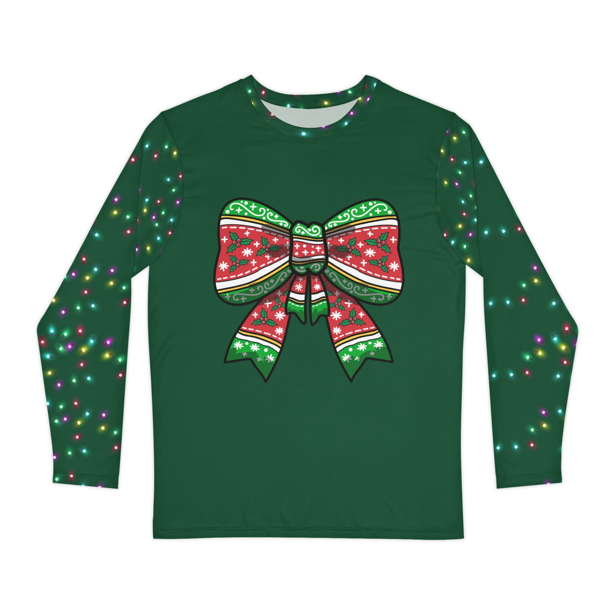 Merry Bow Christmas pajama top for adults with twinkle-light sleeves