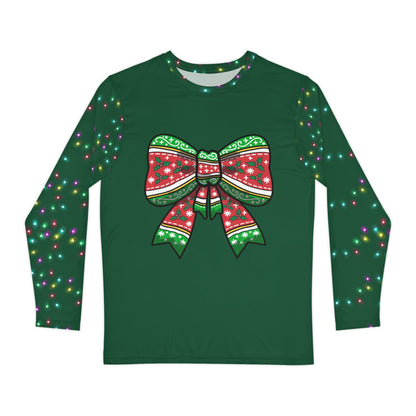 Merry Bow Christmas pajama top for adults with twinkle-light sleeves