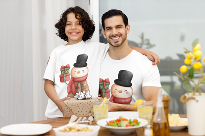Snowman with a Gift Matching Father & Son Christmas Shirt – Dad Adult Tee