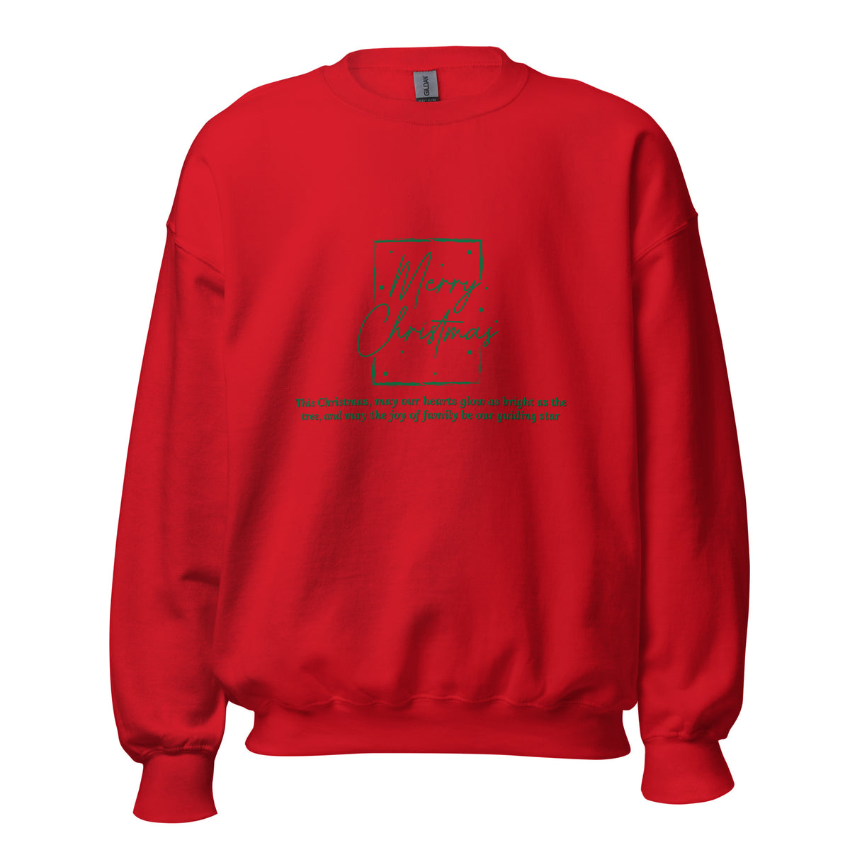 Red matching family Christmas sweatshirt with green Merry Christmas script