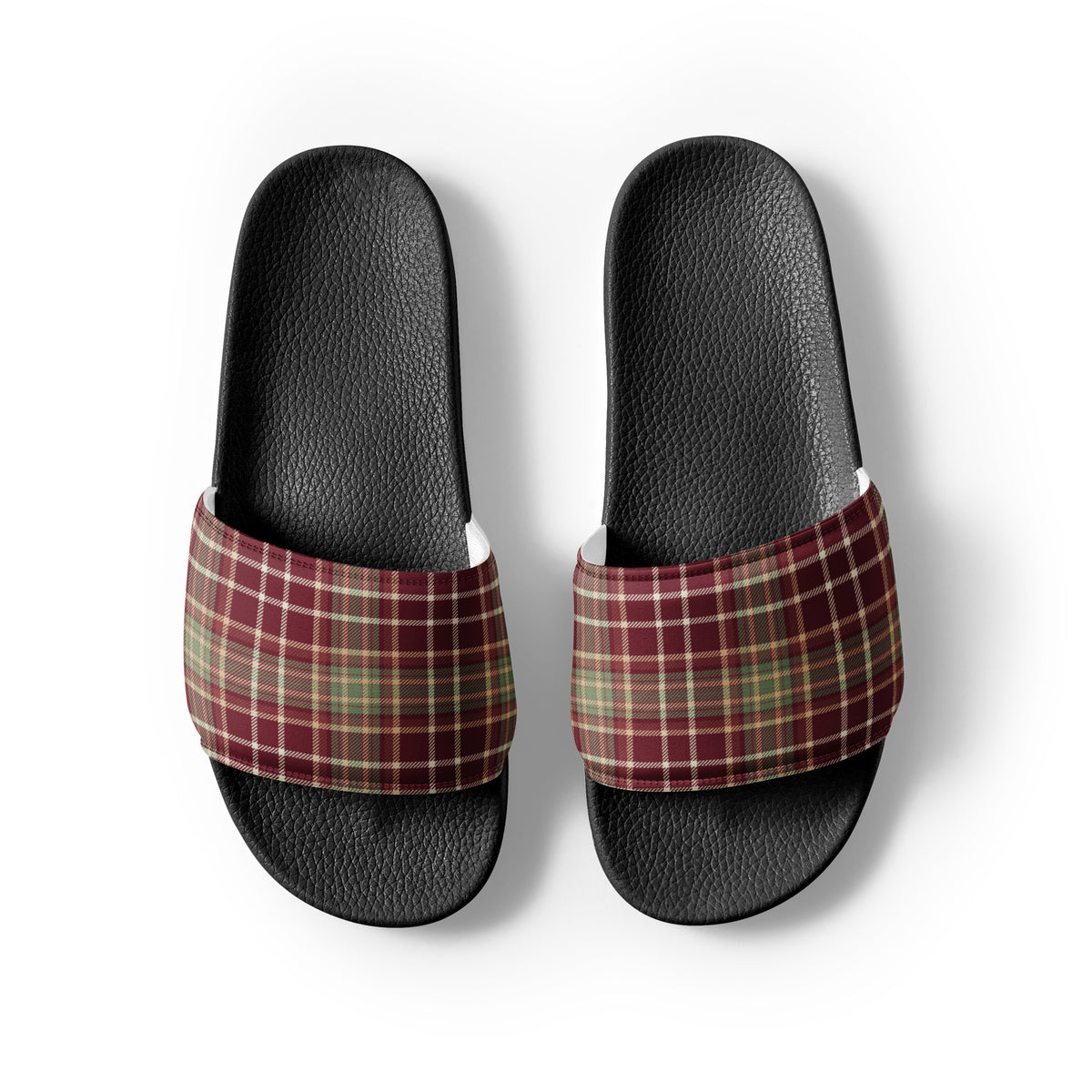 Cozy Holiday Plaid Christmas Women's Slides – black strap, front view