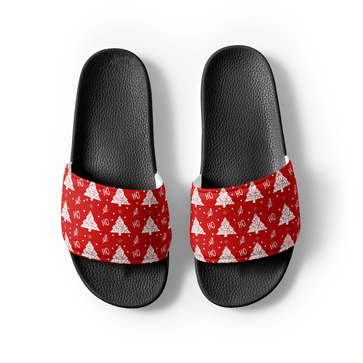 Red Christmas Tree Pattern Women's Slides – black strap, front view