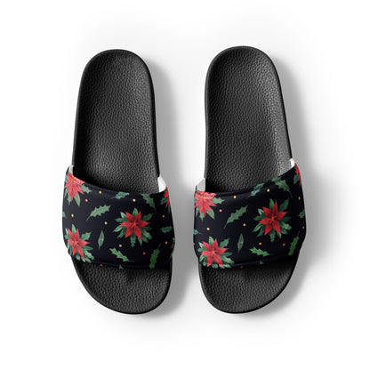 Midnight Poinsettia Christmas Women's Slides – black strap, front view