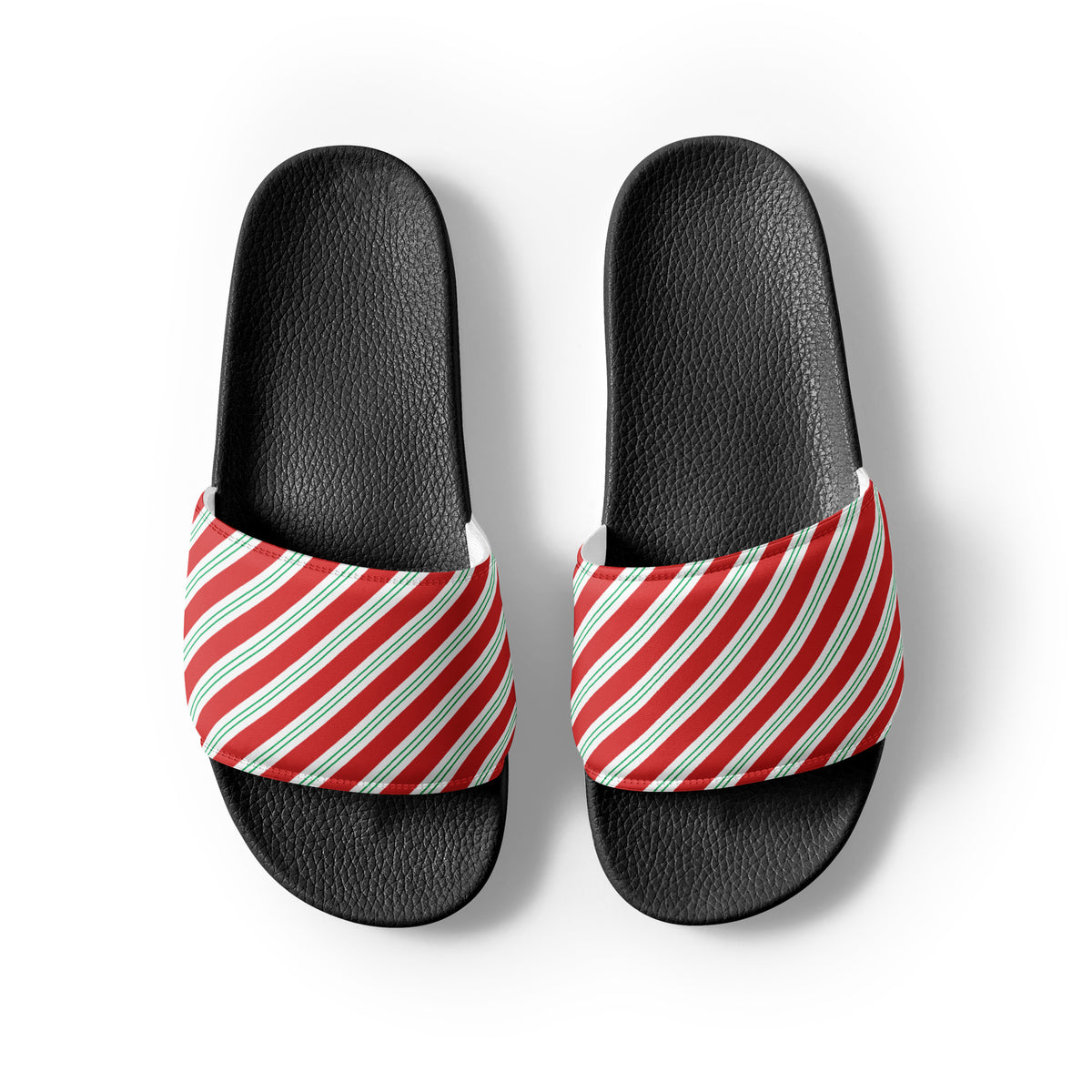 Candy Cane Diagonal Stripe Christmas Women's Slides – black strap, front view