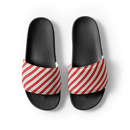 Candy Cane Diagonal Stripe Christmas Women's Slides – black strap, front view