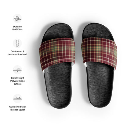 Cozy Holiday Plaid Christmas Women's Slides – black strap, front view