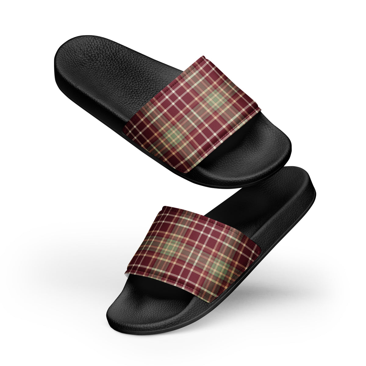 Cozy Holiday Plaid Christmas Women's Slides – black strap, front view