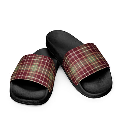 Cozy Holiday Plaid Christmas Women's Slides – black strap, front view