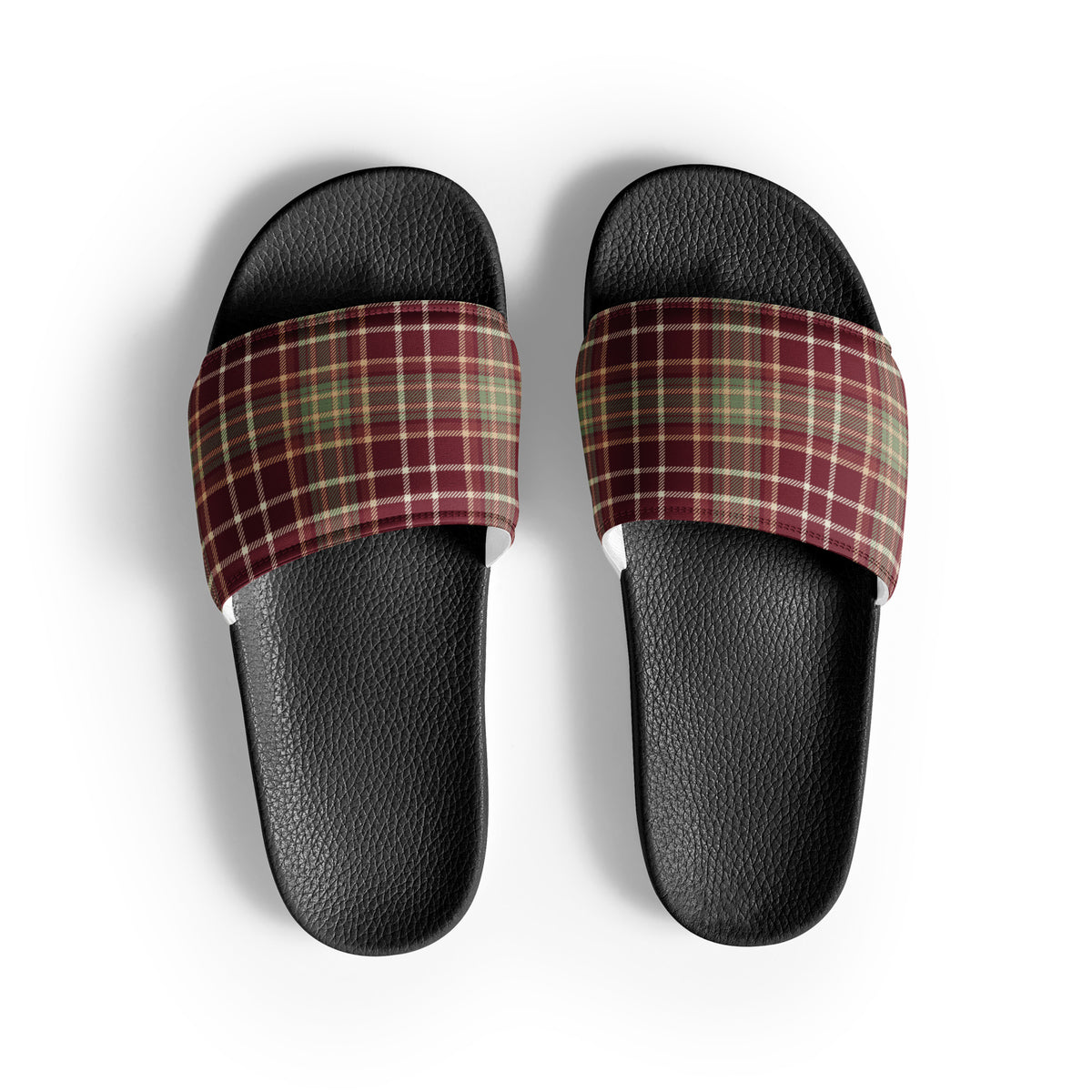 Cozy Holiday Plaid Christmas Women's Slides – black strap, front view