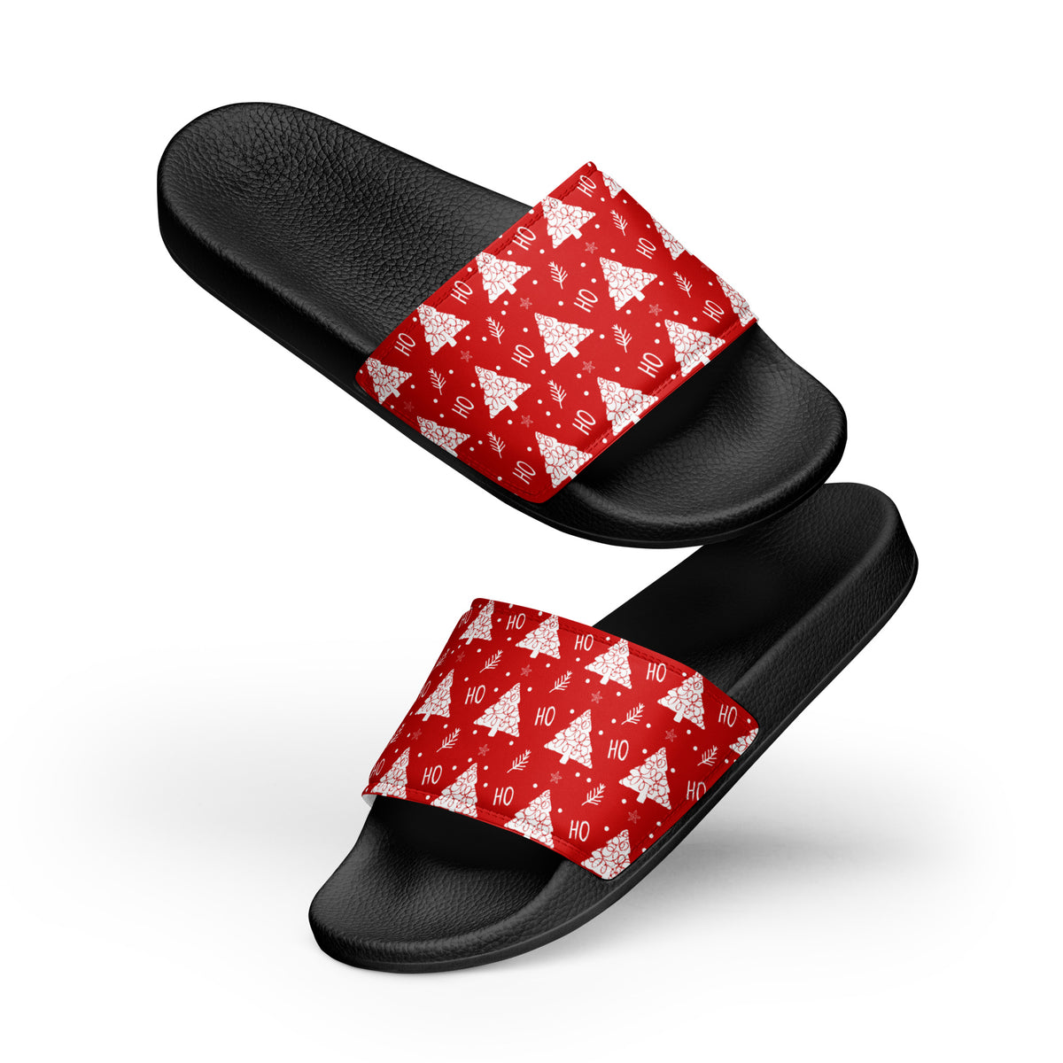 Red Christmas Tree Pattern Women's Slides – black strap, front view