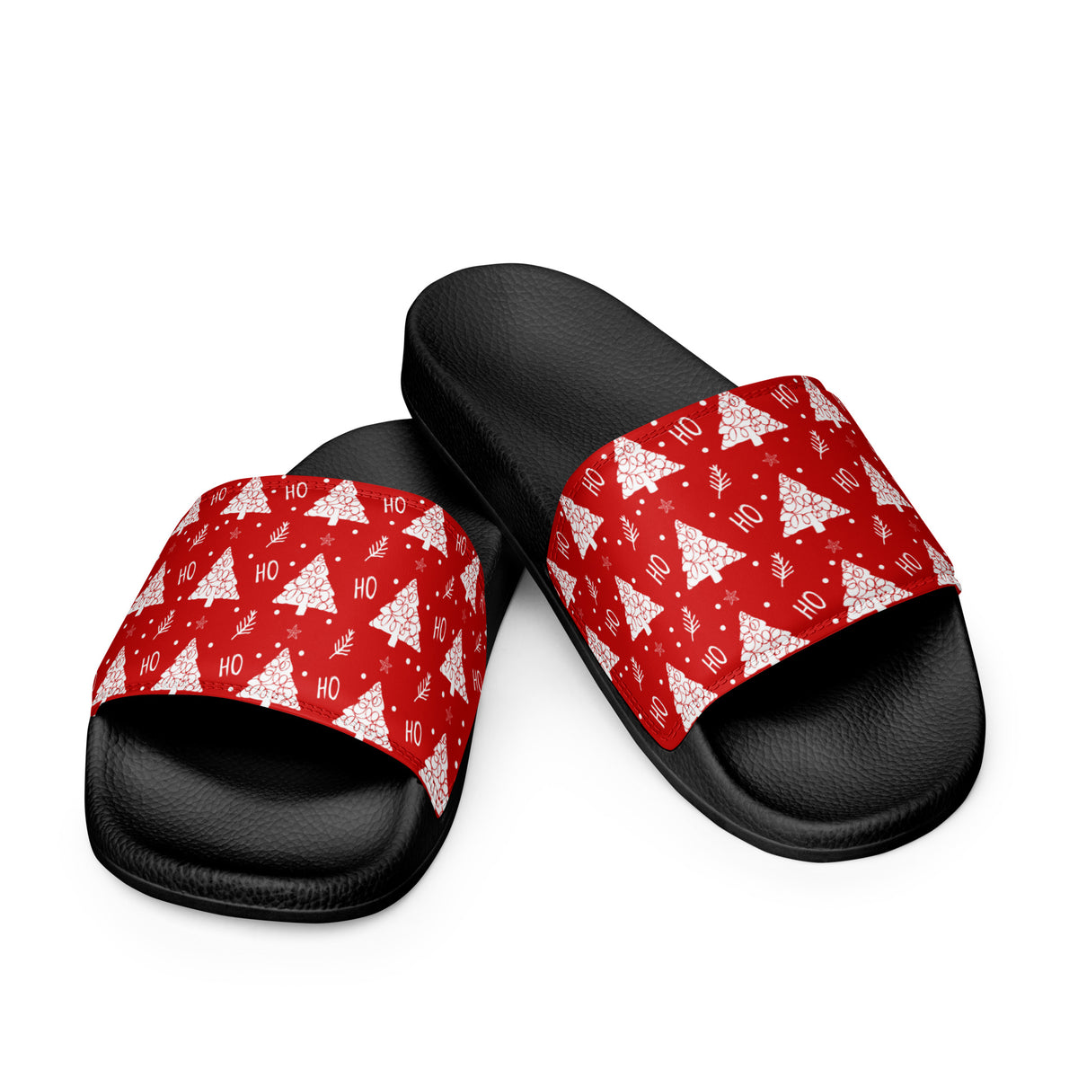 Red Christmas Tree Pattern Women's Slides – black strap, front view