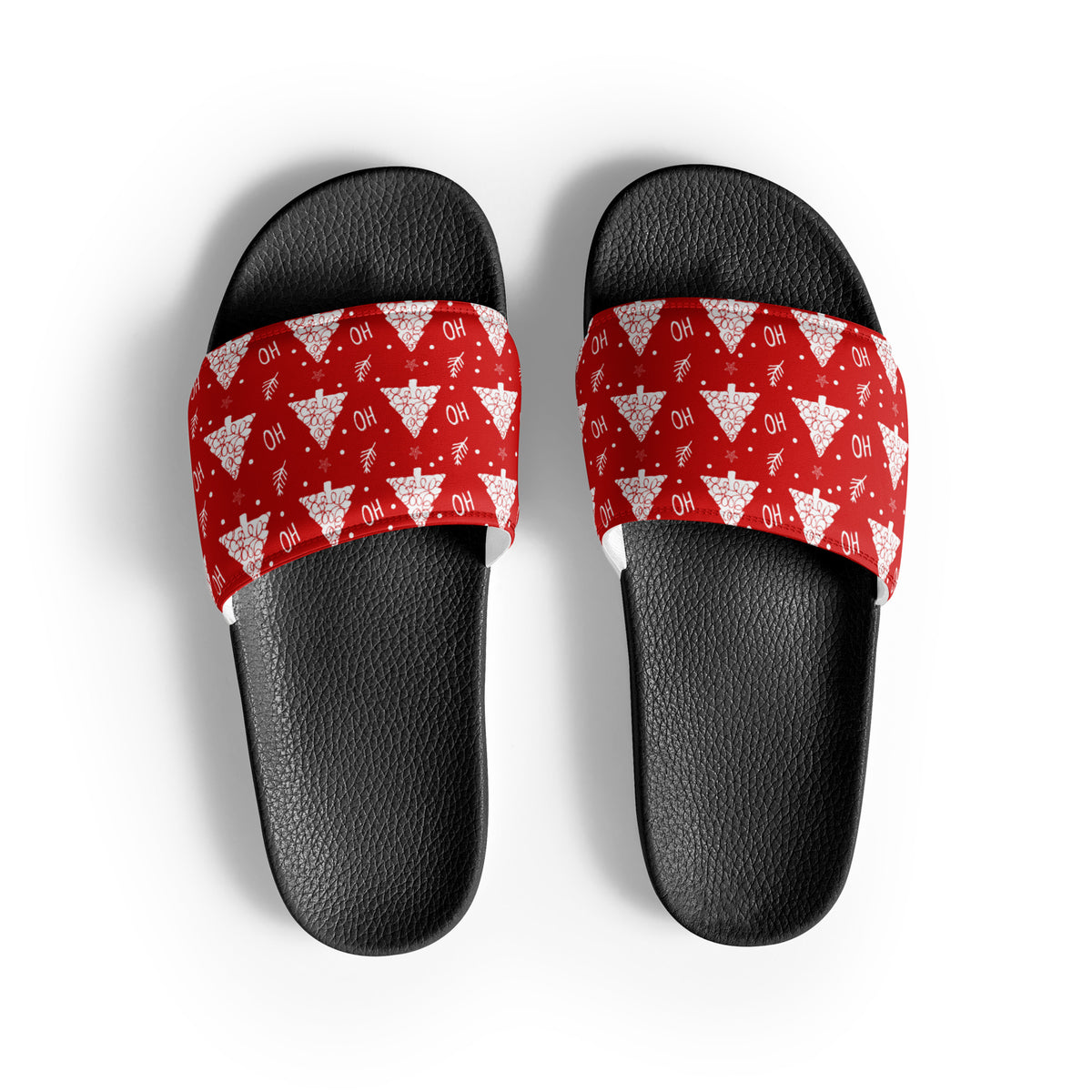 Red Christmas Tree Pattern Women's Slides – black strap, front view