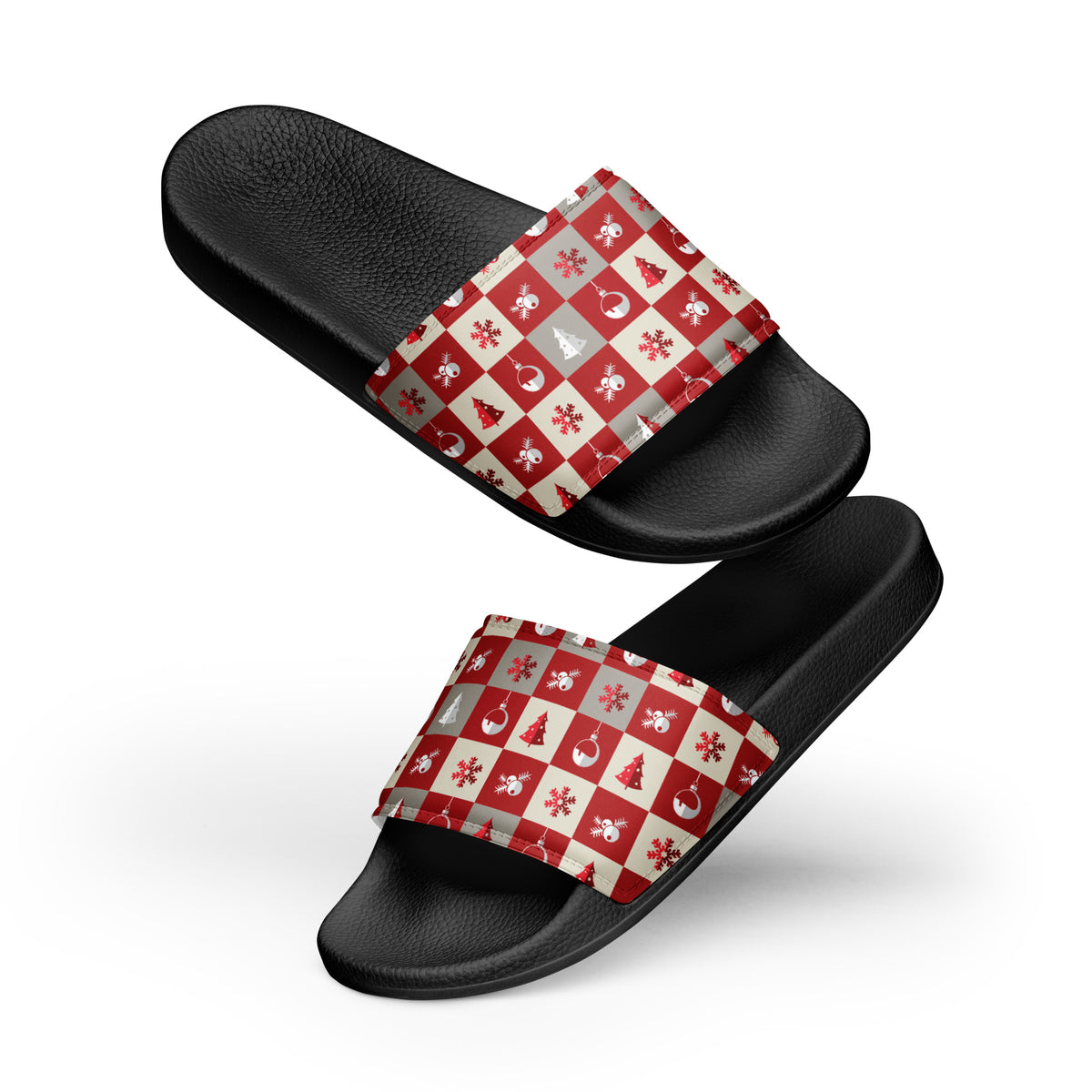 Red Nordic Snowflake Christmas Women's Slides – black strap, front view