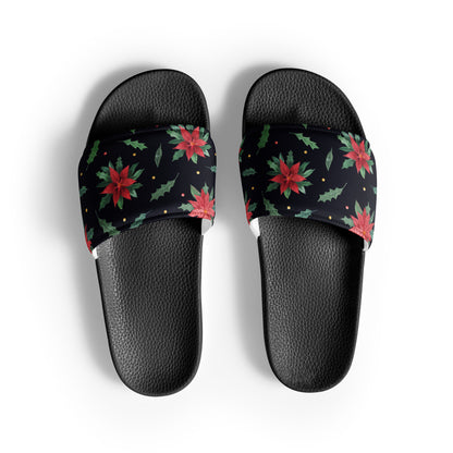 Midnight Poinsettia Christmas Women's Slides – black strap, front view