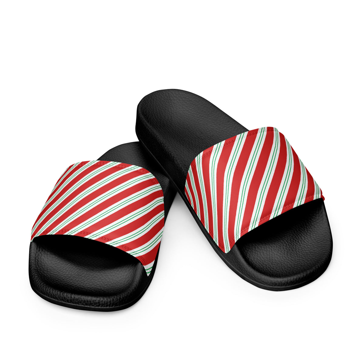 Candy Cane Diagonal Stripe Christmas Women's Slides – black strap, front view