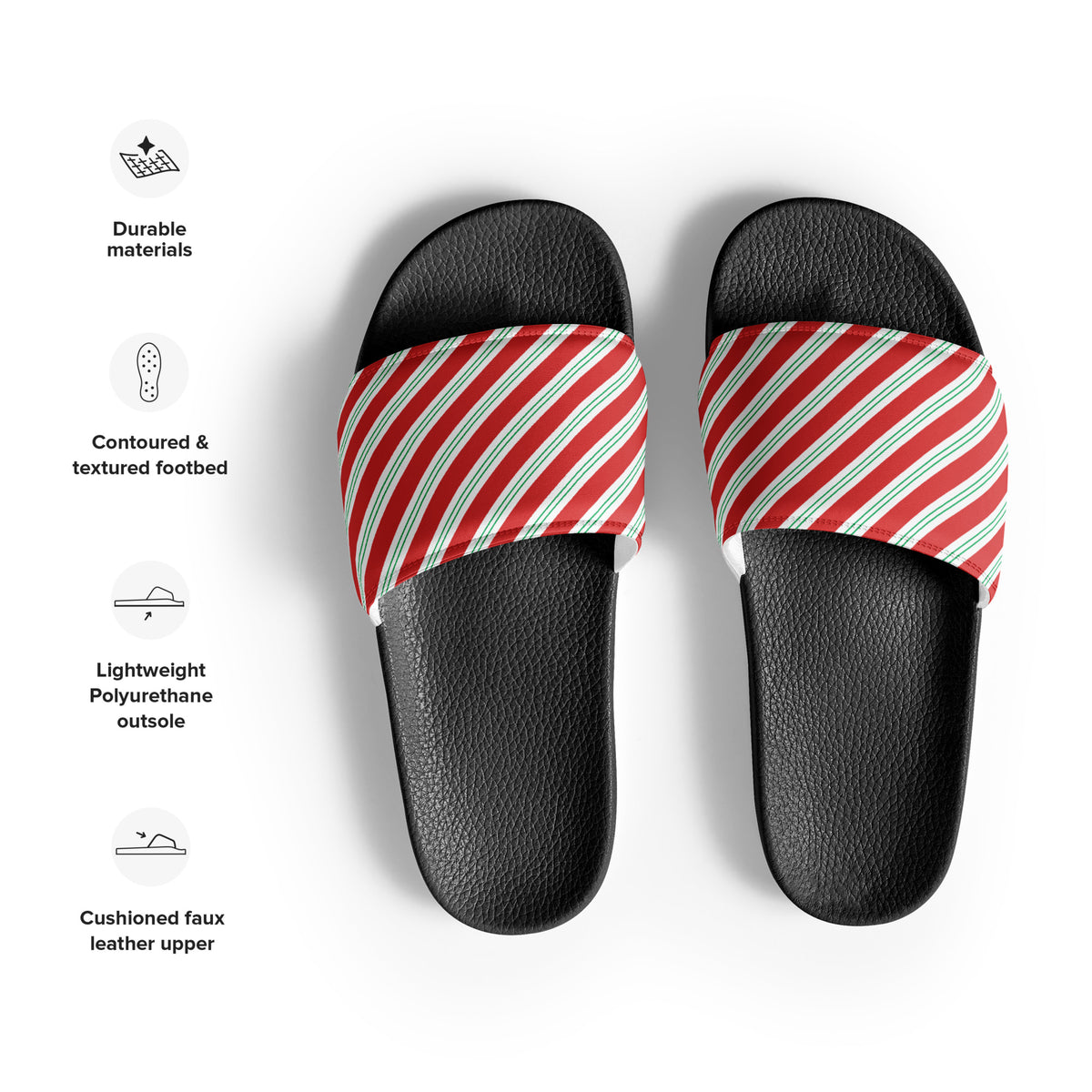 Candy Cane Diagonal Stripe Christmas Women's Slides – black strap, front view
