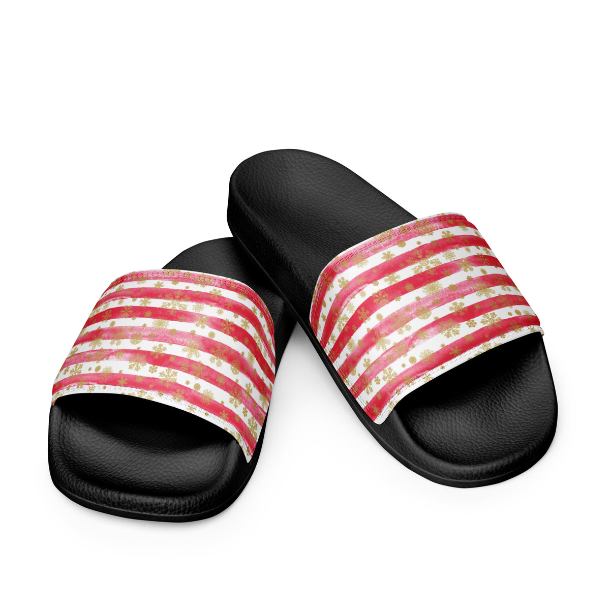 Peppermint Stripe Christmas Women's Slides – black strap, front view